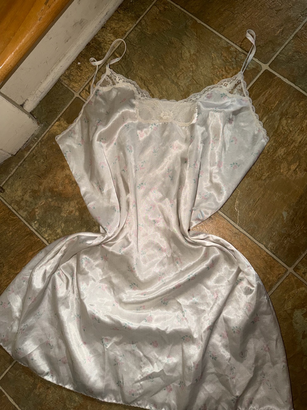 Vintage White Satin Floral Slip with Lace Trim